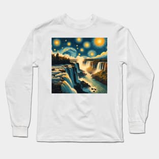 Iguazu Falls, Brasil, Argentina, in the style of Vincent van Gogh's Starry Night Long Sleeve T-Shirt